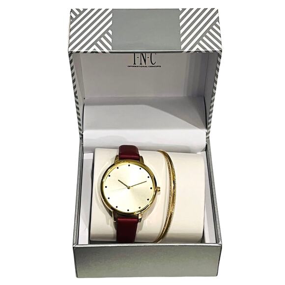 NEW INC Womens Cinnamon Faux-Leather WATCH 35mm & Gold BRACELET Set Macys Boxed - Picture 2 of 7